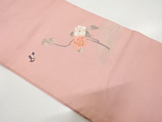 牡丹に蝶模様織り出し　名古屋帯